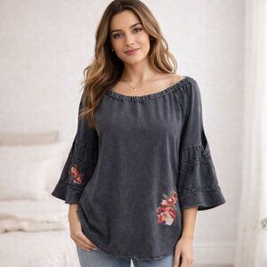 Standard Grace Off Shoulder Tunic Size S Charcoal Floral Embroidered Split Sleev